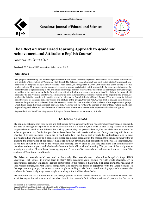 (PDF) The Effect of Brain Based Learning Approach to Academic ...