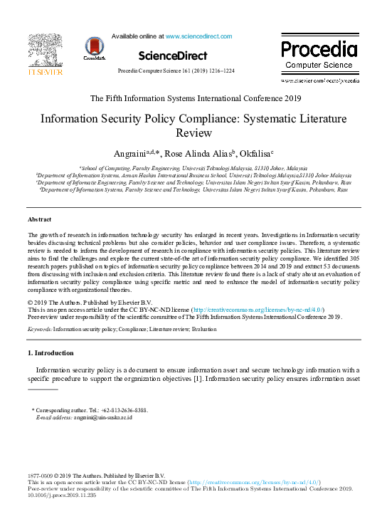 (PDF) Information Security Policy Compliance: Systematic Literature Review