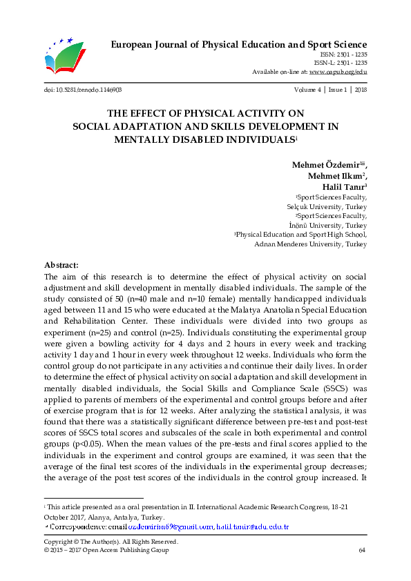 (PDF) The Effect of Physical Activity on Social Adaptation and Skills ...