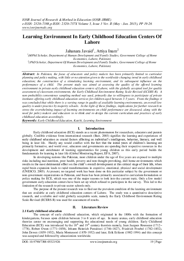 (PDF) Learning Environment In Early Childhood Education Centers Of Lahore
