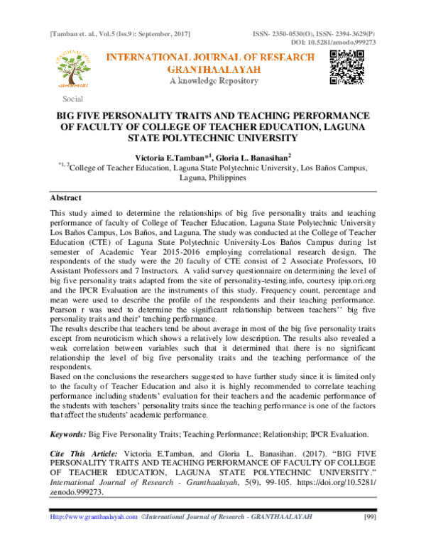 (PDF) Big Five Personality Traits And Teaching Performance Of Faculty ...