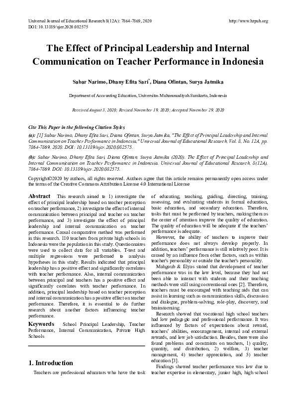 (PDF) The Effect of Principal Leadership and Internal Communication on ...