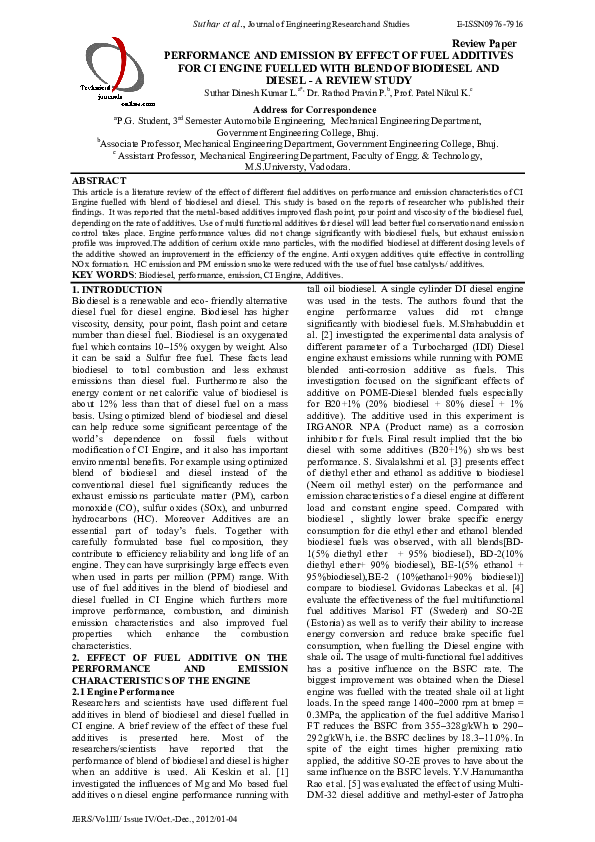 (PDF) Paper PERFORMANCE AND EMISSION BY EFFECT OF FUEL ADDITIVES FOR CI ...
