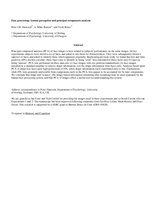 (PDF) Face processing Human perception and principal components