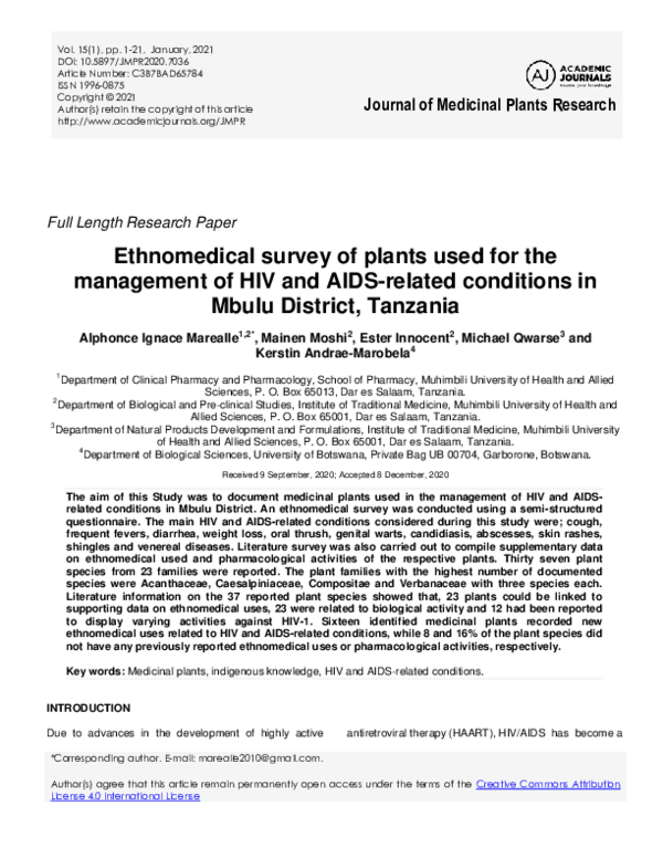 (PDF) Ethnomedical survey of plants used for the management of HIV and ...