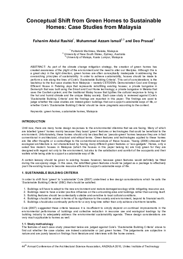 (PDF) Conceptual Shift from Green Homes to Sustainable Homes: Case ...