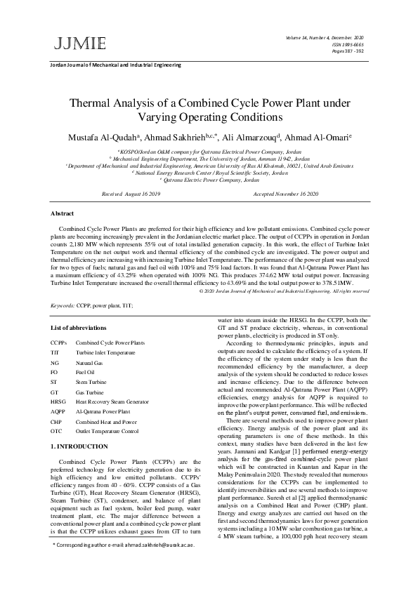 (PDF) Thermal Analysis of a Combined Cycle Power Plant under Varying ...