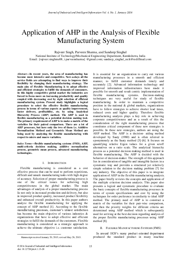 (PDF) Application of AHP in the Analysis of Flexible Manufacturing System