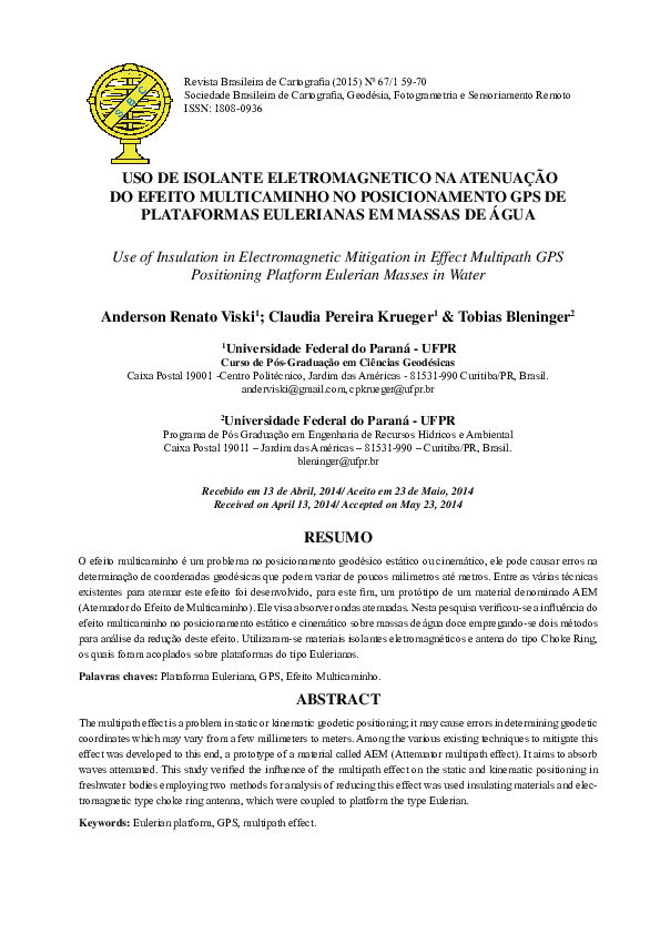 Uso De Isolante Eletromagnetico Na Atenuação Do Efeito Multicaminho No Posicionamento GPS De Plataformas Eulerianas Em Massas De Água