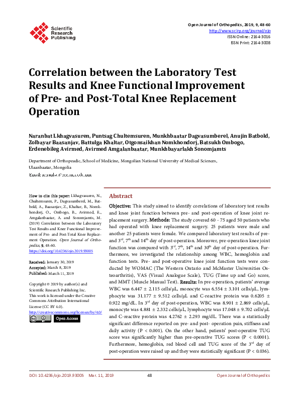  PDF Correlation Between The Laboratory Test Results And Knee Functional Improvement Of Pre 