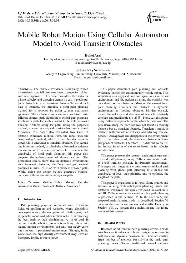 (PDF) Mobile Robot Motion Using Cellular Automaton Model to Avoid ...