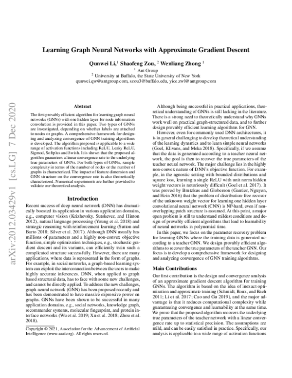 (PDF) Learning Graph Neural Networks with Approximate Gradient Descent