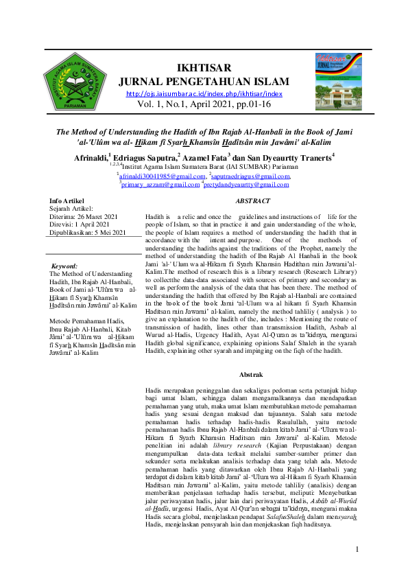 (PDF) The Method of Understanding the Hadith of Ibn Rajab Al-Hanbali in ...