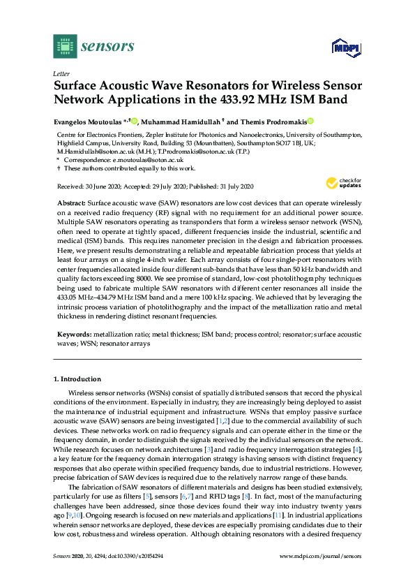 (PDF) Surface Acoustic Wave Resonators for Wireless Sensor Network ...