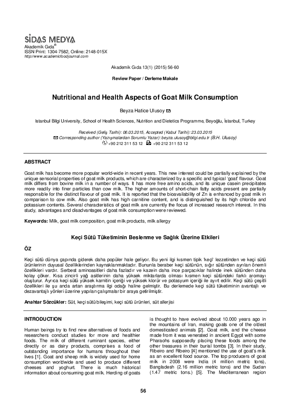 (PDF) Nutritional and Health Aspects of Goat Milk Consumption