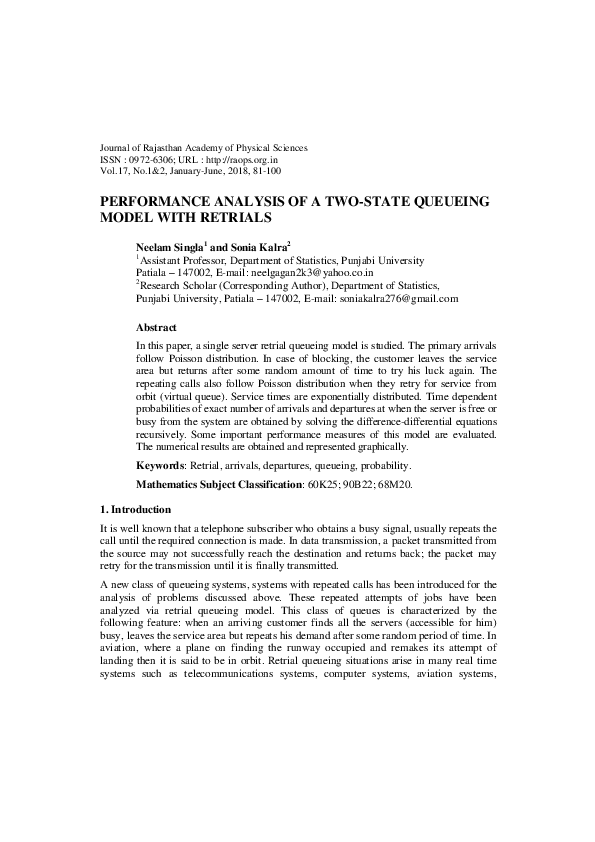 (PDF) Performance Analysis of a Two-State Queueing Model with Retrials