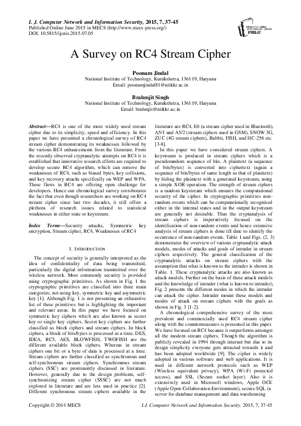 (PDF) A Survey on RC4 Stream Cipher