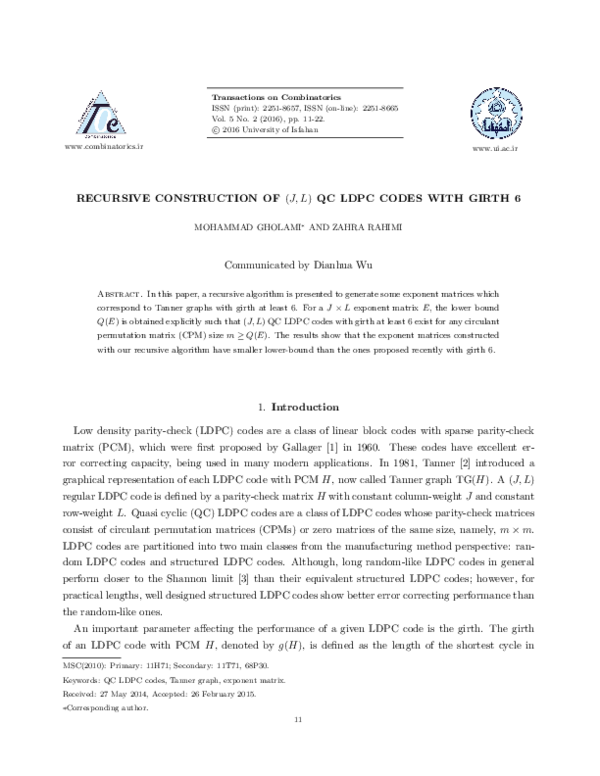 (PDF) Recursive construction of (J,L) (J,L) QC LDPC codes with girth 6