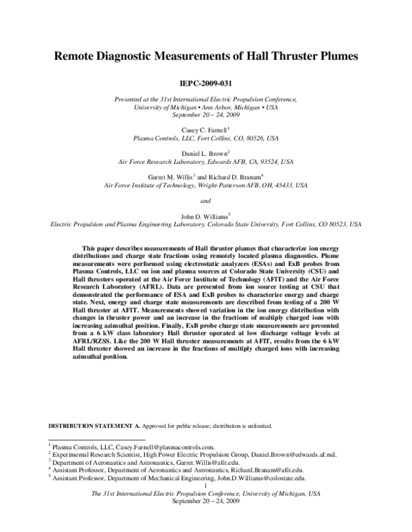 (PDF) Remote Diagnostic Measurements of Hall Thruster Plumes