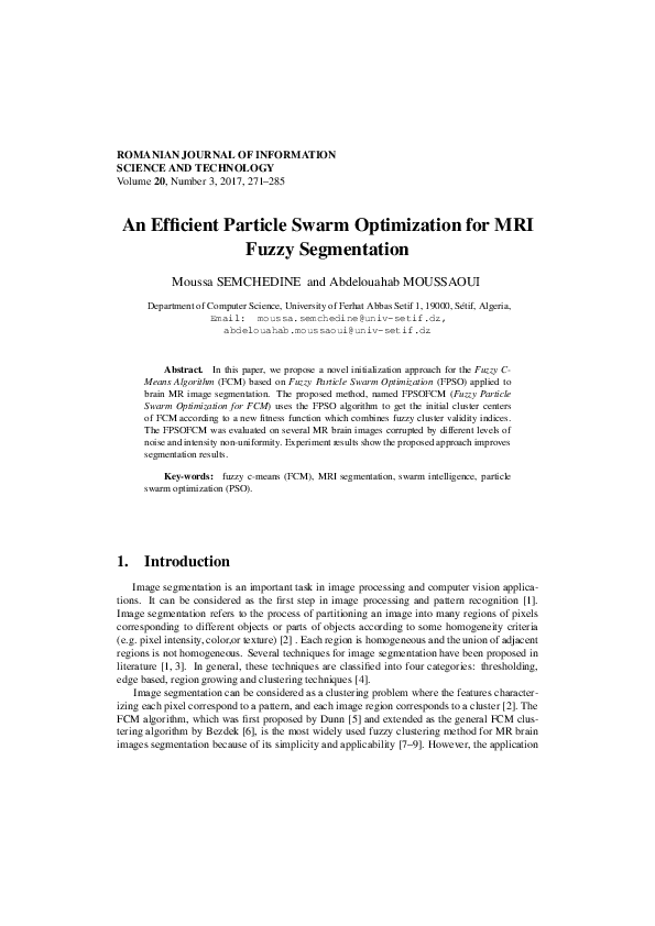 (PDF) An Efficient Particle Swarm Optimization for MRI Fuzzy Segmentation