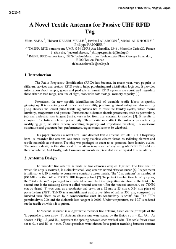 (PDF) A Novel Textile Antenna for Passive UHF RFID Tag