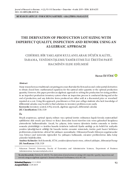 (PDF) Production lot sizing with quality screening and rework
