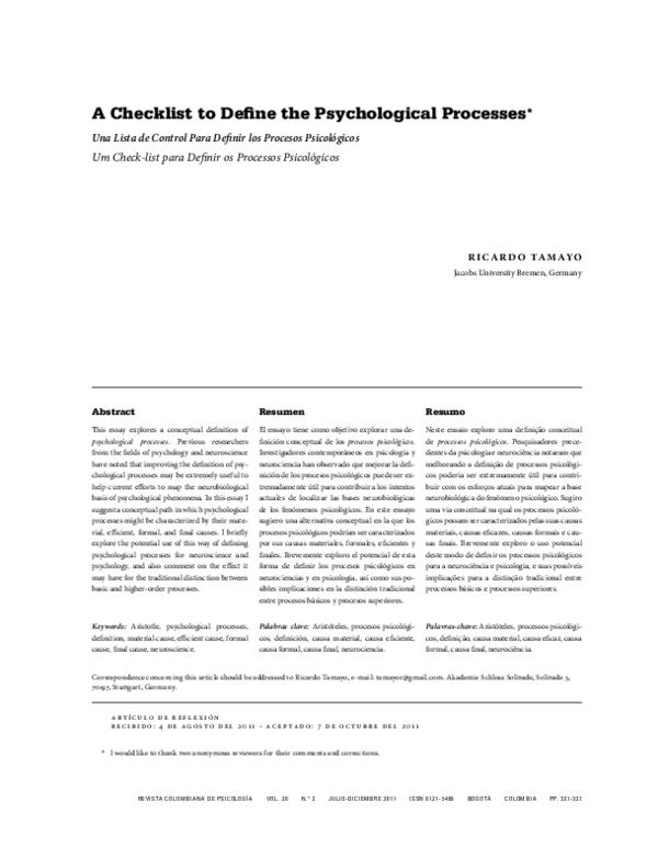 (PDF) A Checklist to Define the Psychological Processes/Una Lista De ...