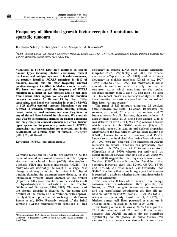 (PDF) Frequency of fibroblast growth factor receptor 3 mutations in ...