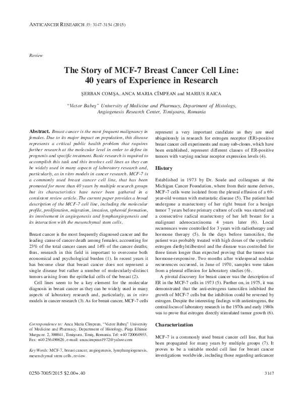 (PDF) The Story of MCF-7 Breast Cancer Cell Line: 40 years of ...