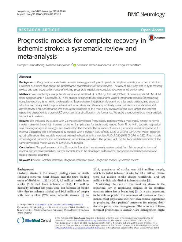 (PDF) Prognostic models for complete recovery in ischemic stroke: a ...