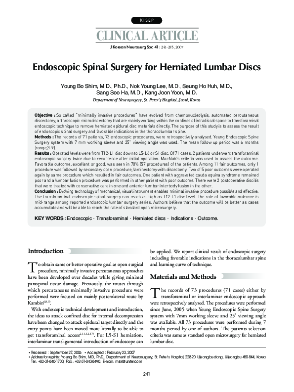 (PDF) Endoscopic Spinal Surgery for Herniated Lumbar Discs