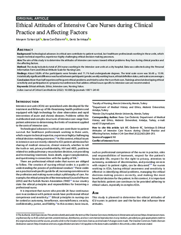 (PDF) Ethical Attitudes of Intensive Care Nurses during Clinical ...
