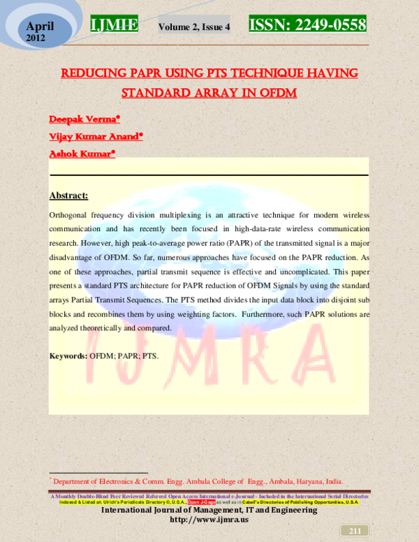 (PDF) REDUCING PAPR USING PTS TECHNIqUE HAVING STANDARD ARRAY IN OFDM