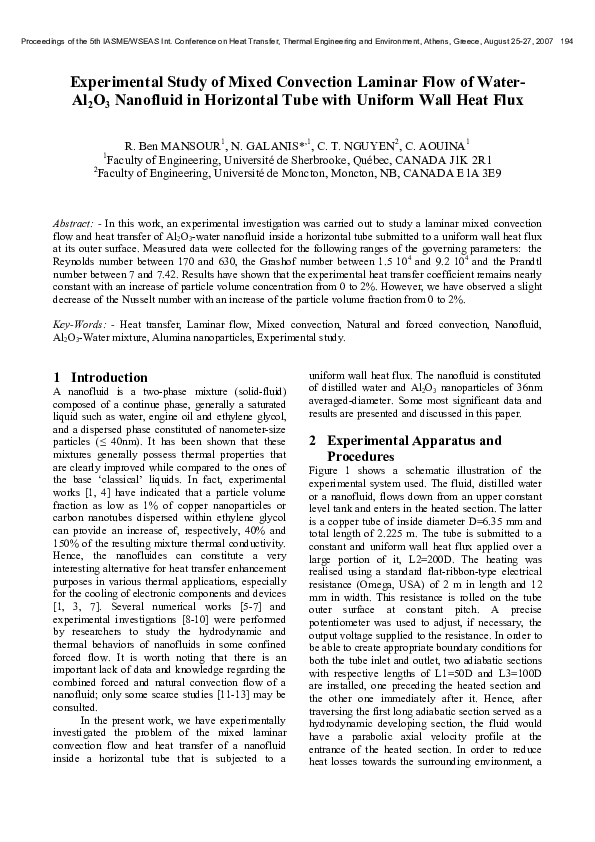 (PDF) Experimental Study of Mixed Convection Laminar Flow of Water-Al 2 ...