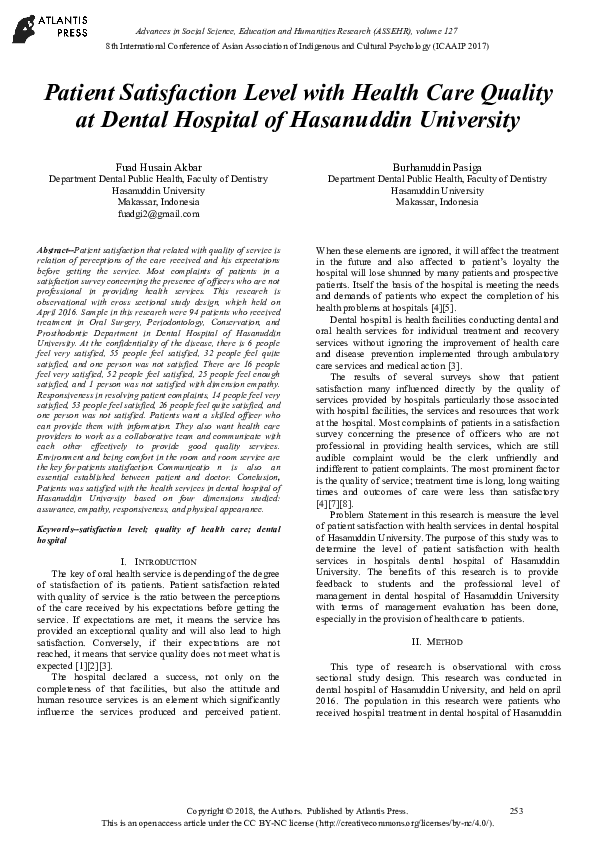 (PDF) Patient Satisfaction Level with Health Care Quality at Dental ...