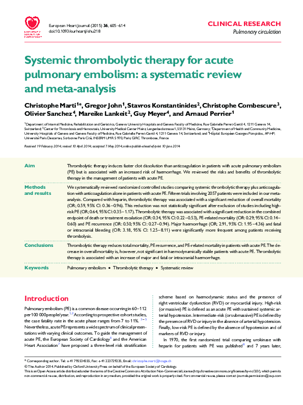 (PDF) Systemic thrombolytic therapy for acute pulmonary embolism a