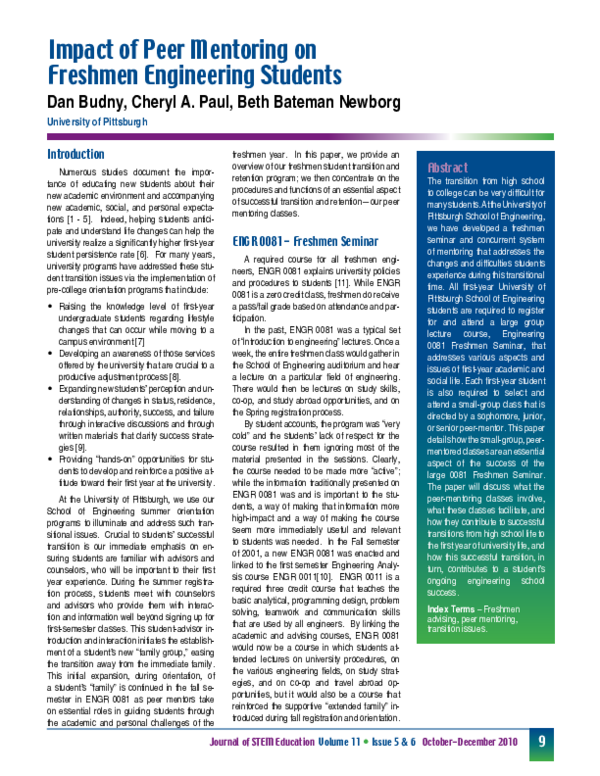 (PDF) Impact of Peer Mentoring on Freshmen Engineering Students
