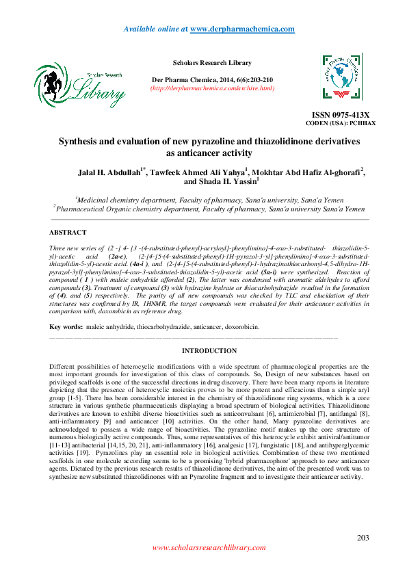 (PDF) Synthesis and evaluation of new pyrazoline and thiazolidinone ...