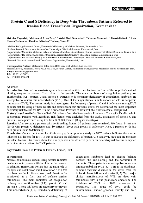 (PDF) Protein C and S Deficiency in Deep Vein Thrombosis Patients ...