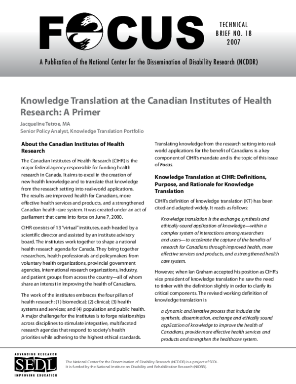 (PDF) Knowledge translation at the Canadian Institutes of Health ...