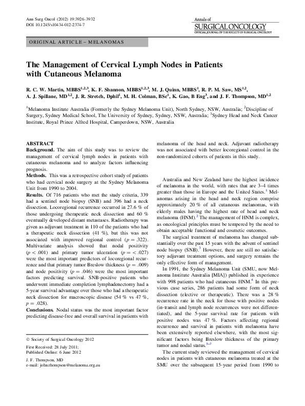 (PDF) The Management of Cervical Lymph Nodes in Patients with Cutaneous ...