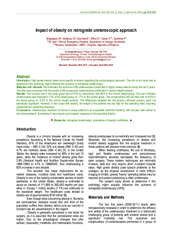 (PDF) Impact of obesity on retrograde ureteroscopic approach