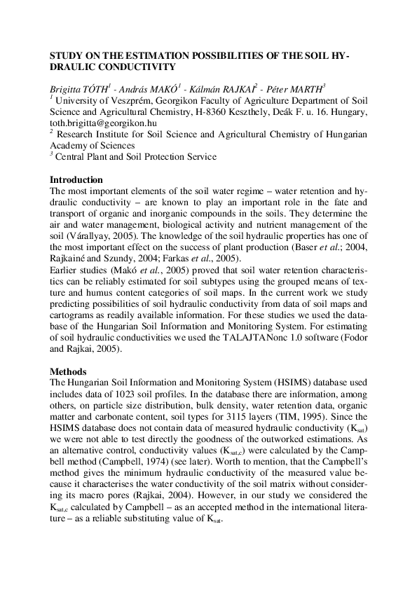 (PDF) Study the estimation possibilities of soil hydraulic conductivity