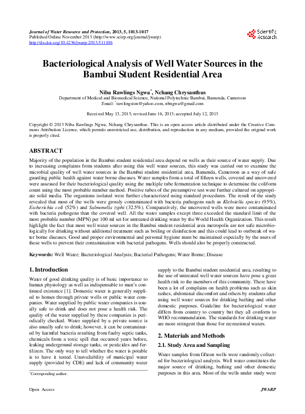 (PDF) Bacteriological Analysis of Well Water Sources in the Bambui