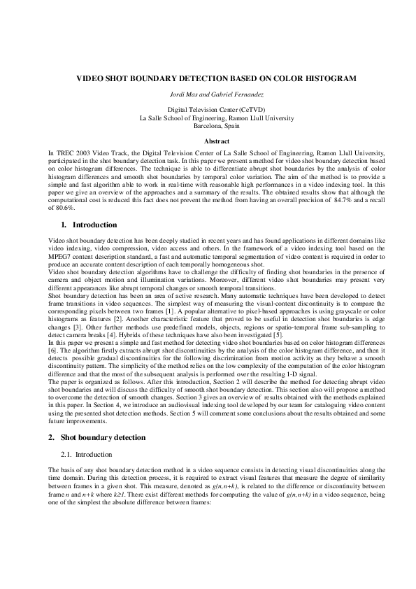 (PDF) Video shot boundary detection based on color histogram