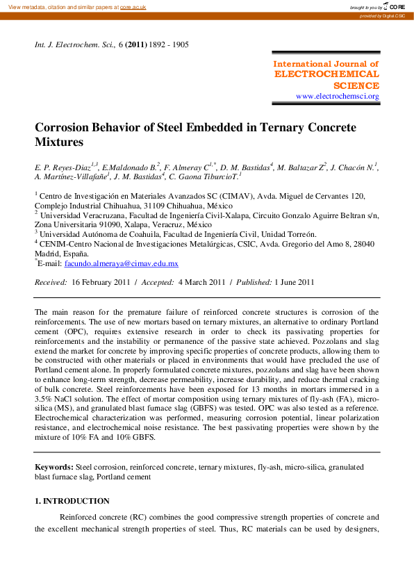 (PDF) Corrosion behavior of steel embedded in ternary concrete mixtures