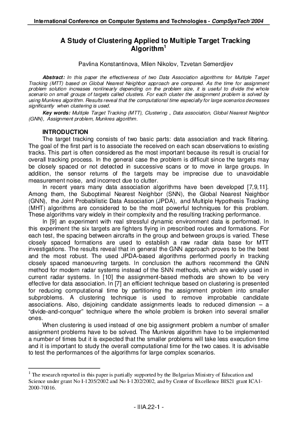 (PDF) A study of clustering applied to multiple target tracking algorithm