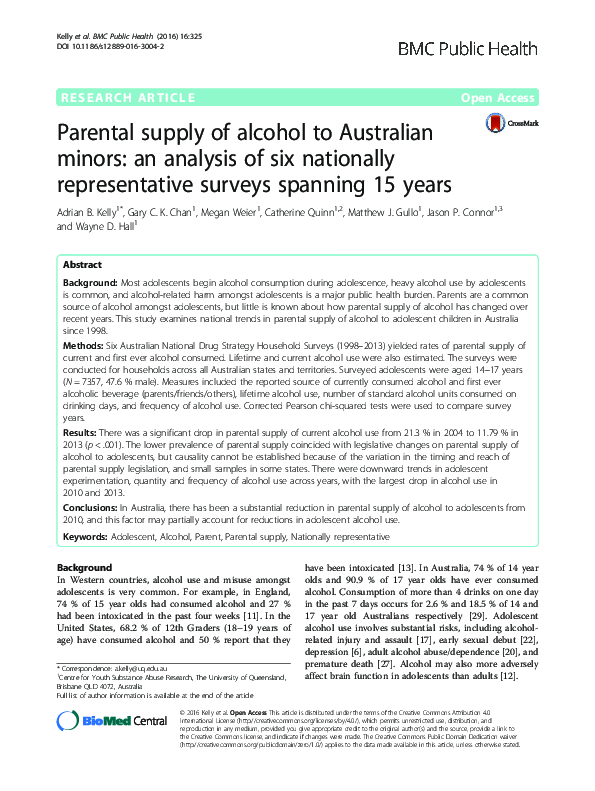 (PDF) Parental supply of alcohol to Australian minors: an analysis of ...