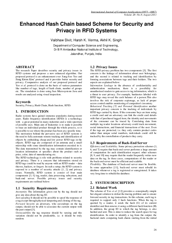 (PDF) Enhanced Hash Chain based Scheme for Security and Privacy in RFID ...