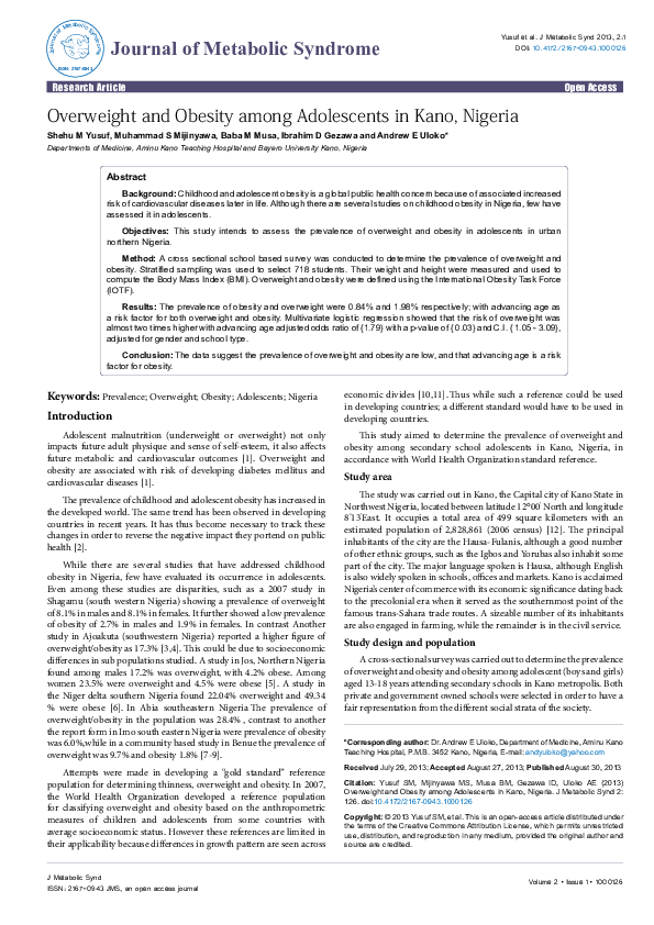 (PDF) Overweight and Obesity among Adolescents in Kano, Nigeria